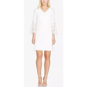 TAHARI ASL $128 Crochet Sleeve Contrast V-Neck Shift Dress‎ White Size 8
